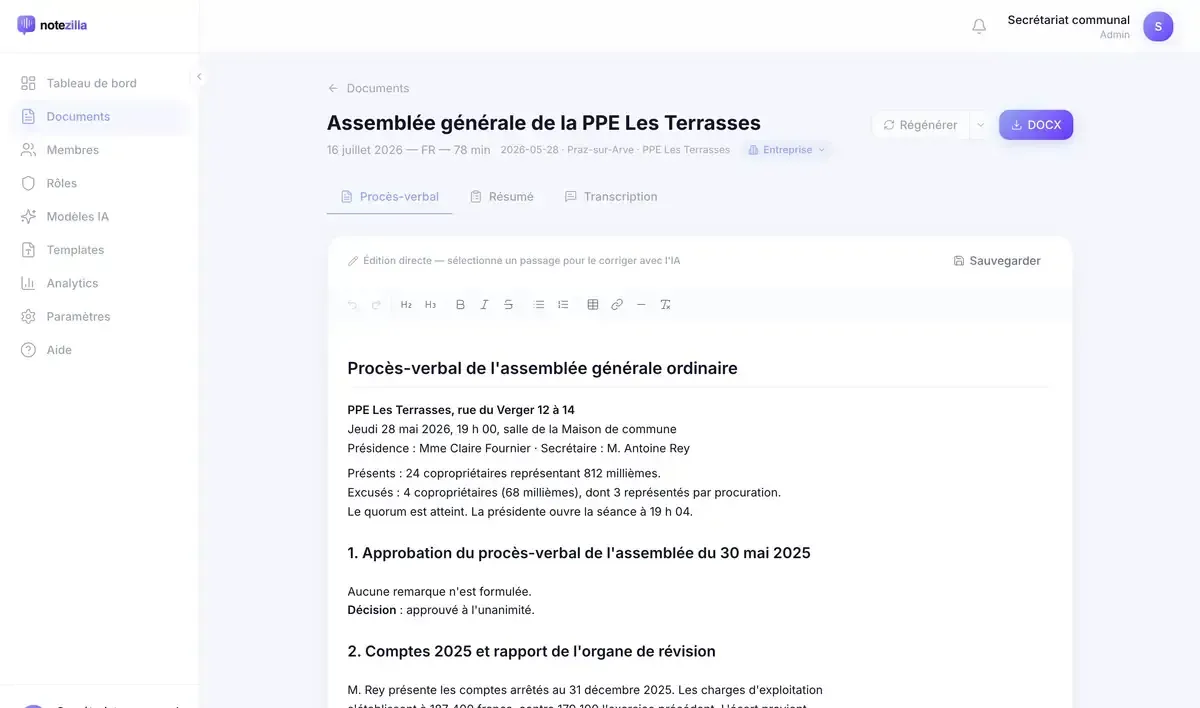 Procès-verbal d’assemblée générale de PPE dans l’éditeur Notezilla : quorum et millièmes, points de l’ordre du jour numérotés, décisions et résultats de vote