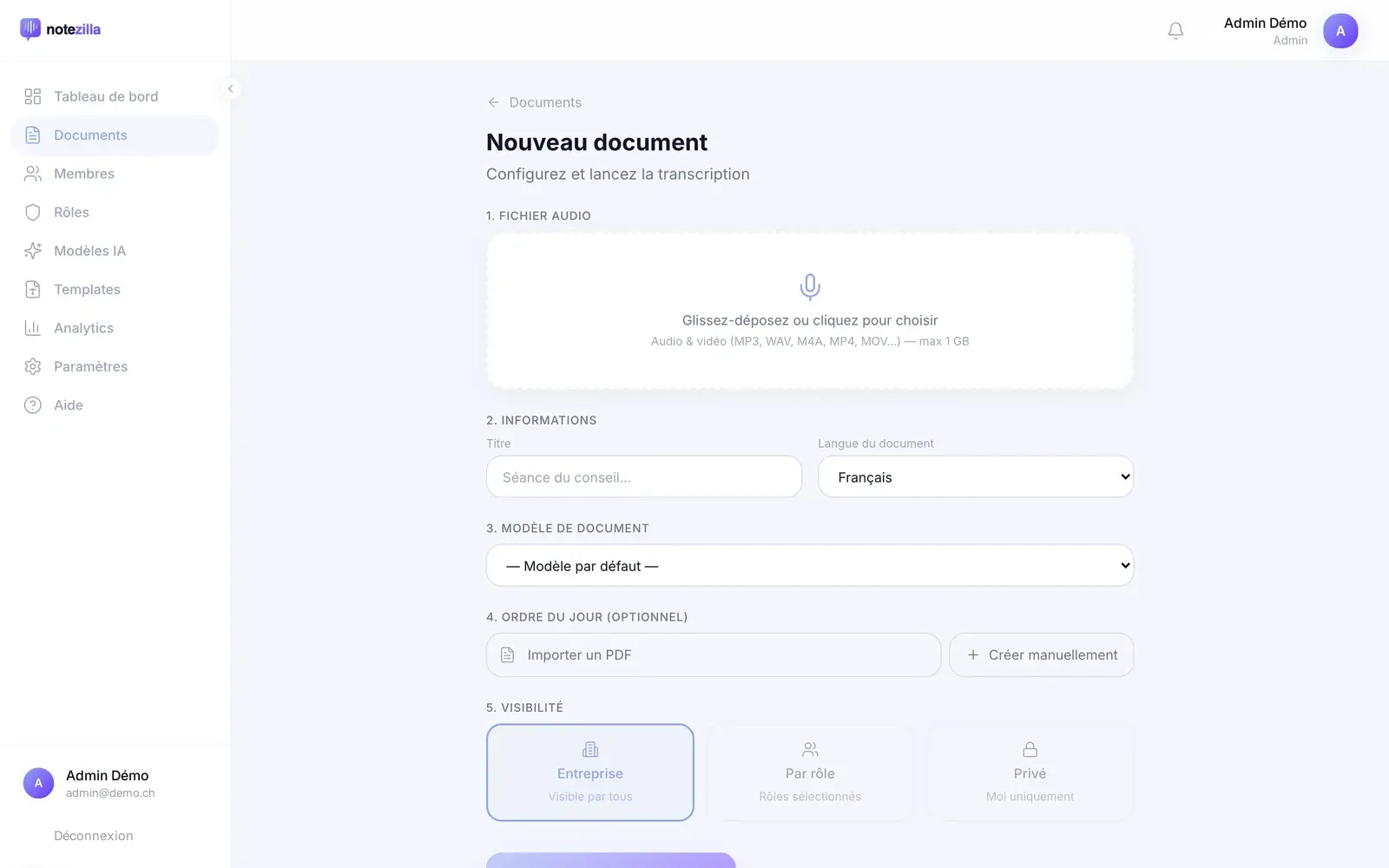 Création d’un document dans Notezilla : dépôt du fichier audio, titre, langue, modèle de document, ordre du jour et visibilité